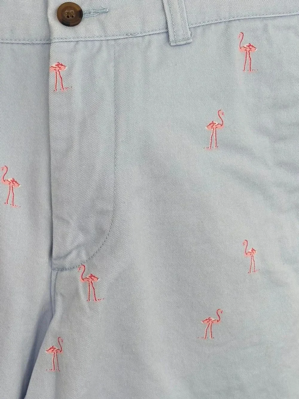 J.Crew Gramercy chino shorts,light blue w/ flamingo pattern size 33.